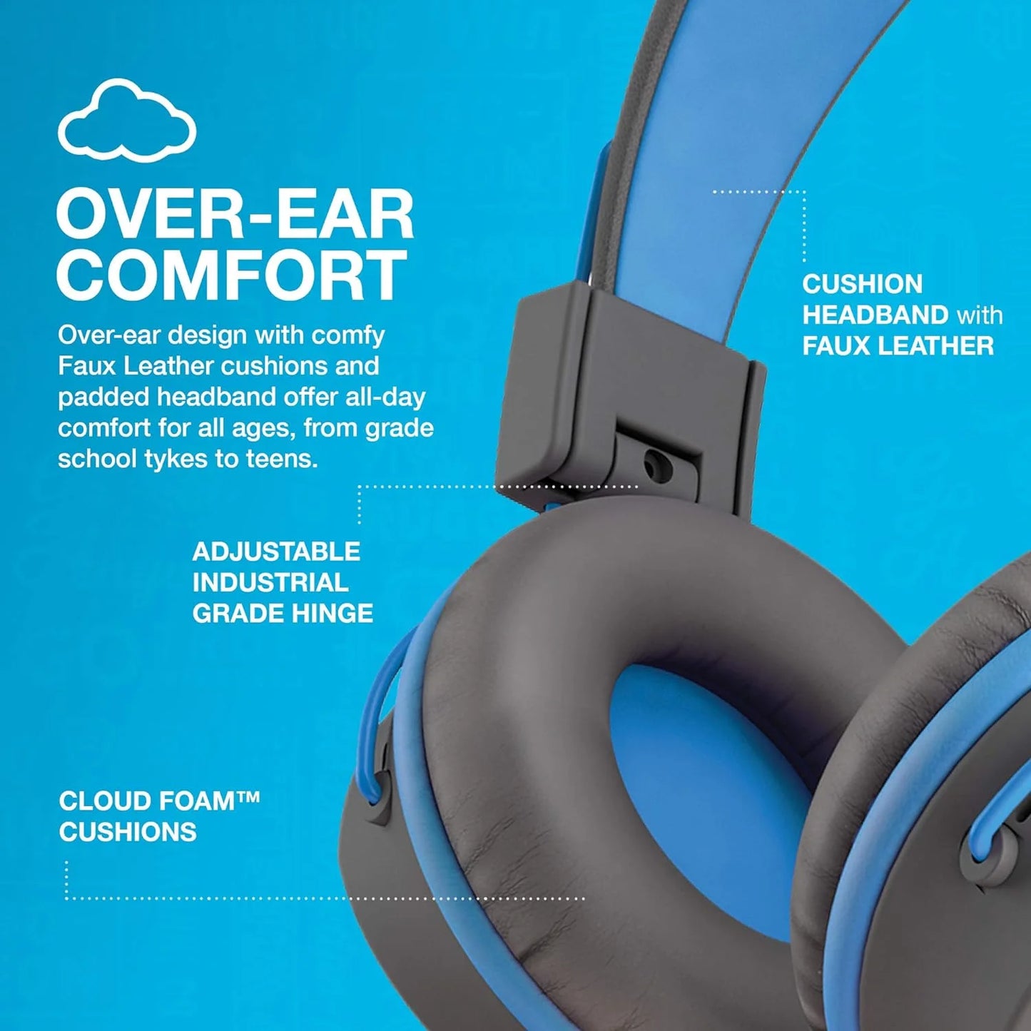 Jbuddies Studio On-Ear Kids Wired Headphones, Grey/Blue, Studio Volume Safe, Volume Limiter, Folding, Adjustable, Noise Isolation, with Mic