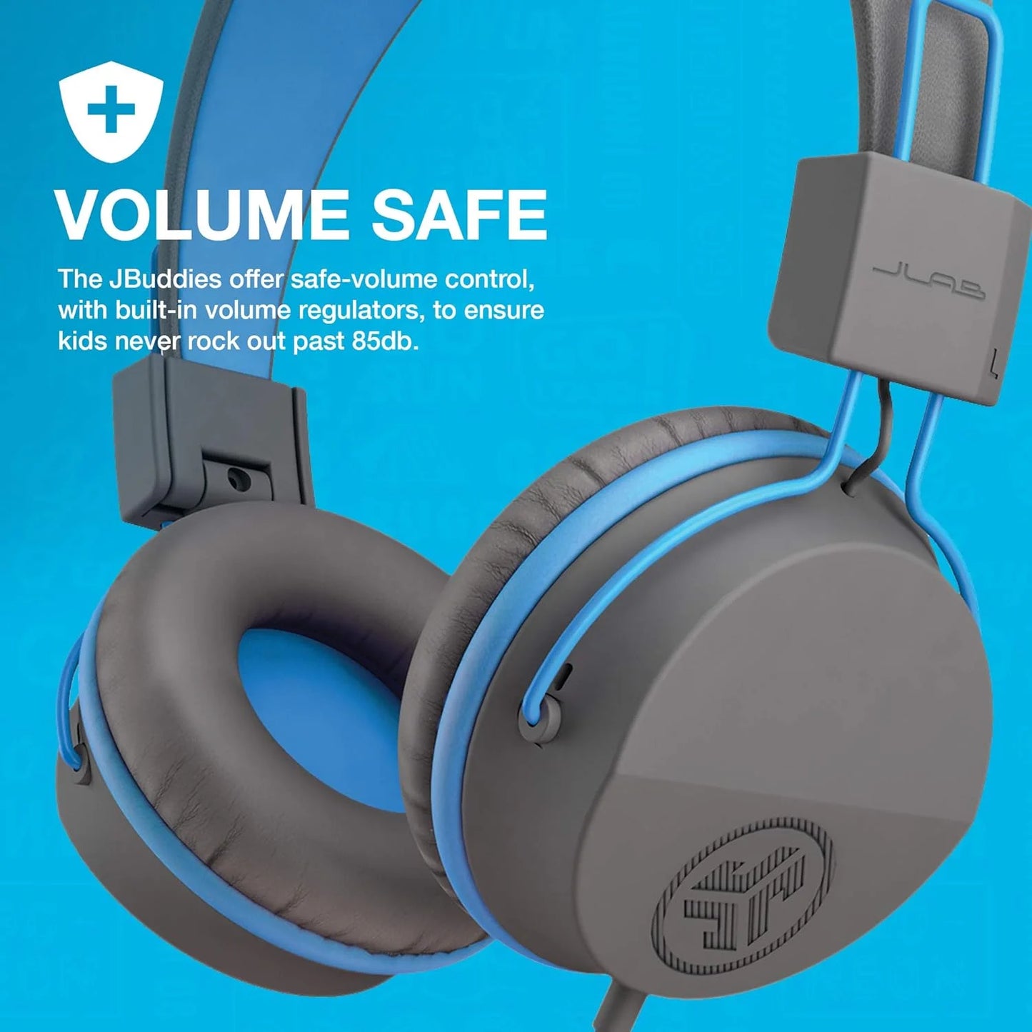 Jbuddies Studio On-Ear Kids Wired Headphones, Grey/Blue, Studio Volume Safe, Volume Limiter, Folding, Adjustable, Noise Isolation, with Mic