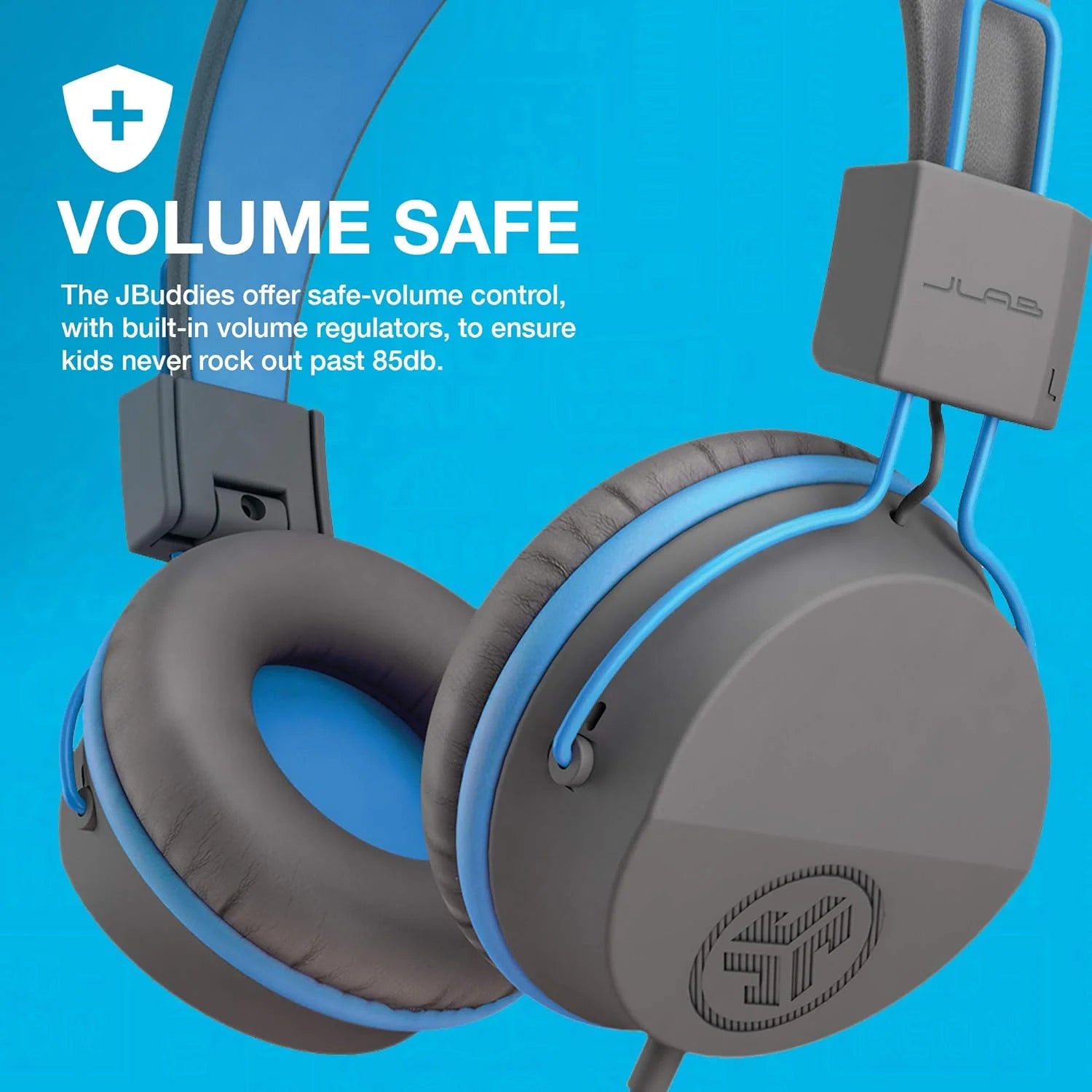 Jbuddies Studio On-Ear Kids Wired Headphones, Grey/Blue, Studio Volume Safe, Volume Limiter, Folding, Adjustable, Noise Isolation, with Mic