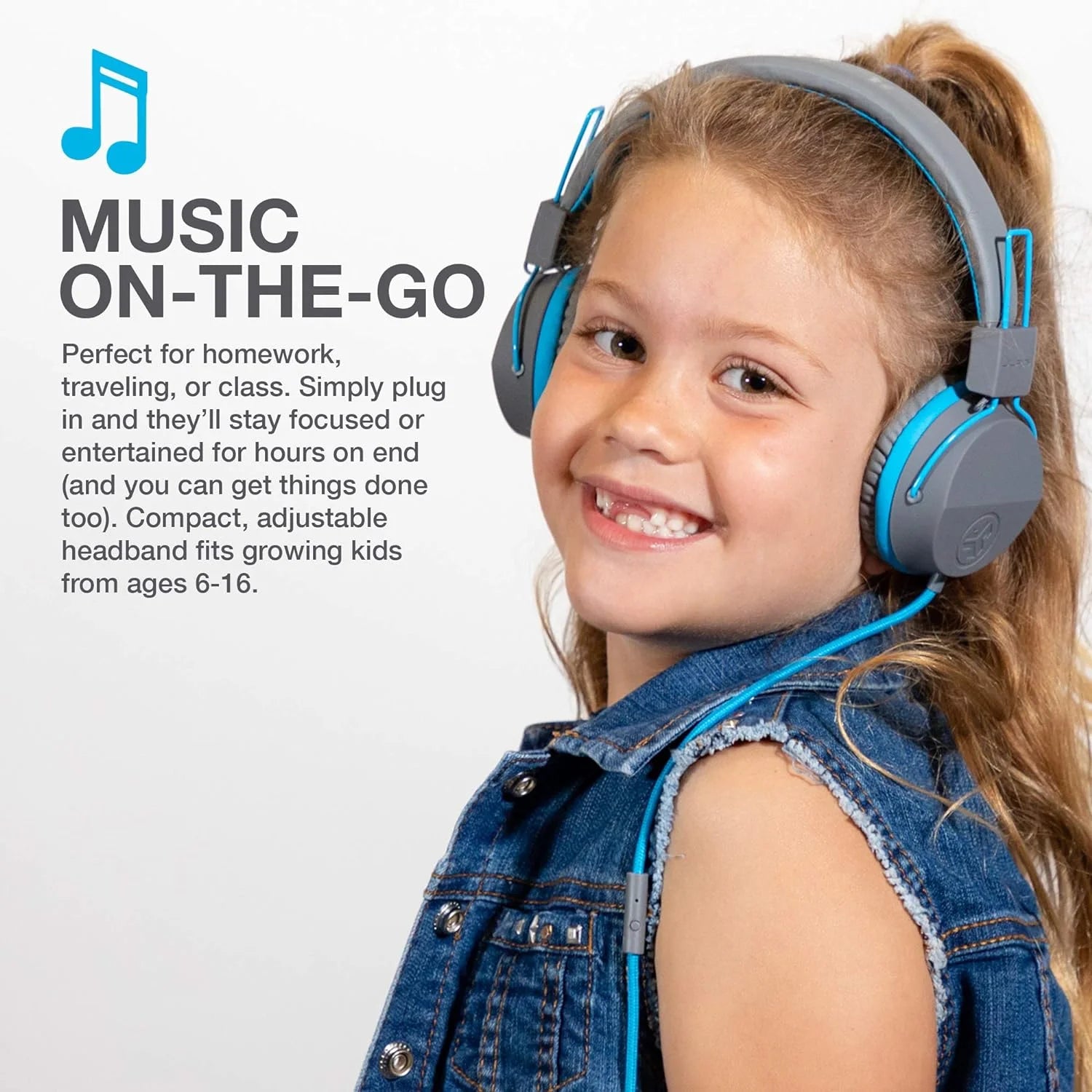 Jbuddies Studio On-Ear Kids Wired Headphones, Grey/Blue, Studio Volume Safe, Volume Limiter, Folding, Adjustable, Noise Isolation, with Mic