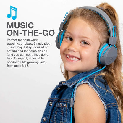 Jbuddies Studio On-Ear Kids Wired Headphones, Grey/Blue, Studio Volume Safe, Volume Limiter, Folding, Adjustable, Noise Isolation, with Mic