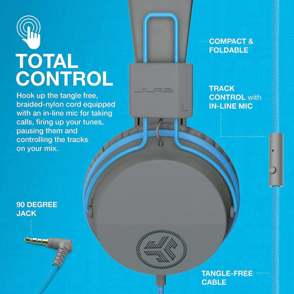 Jbuddies Studio On-Ear Kids Wired Headphones, Grey/Blue, Studio Volume Safe, Volume Limiter, Folding, Adjustable, Noise Isolation, with Mic