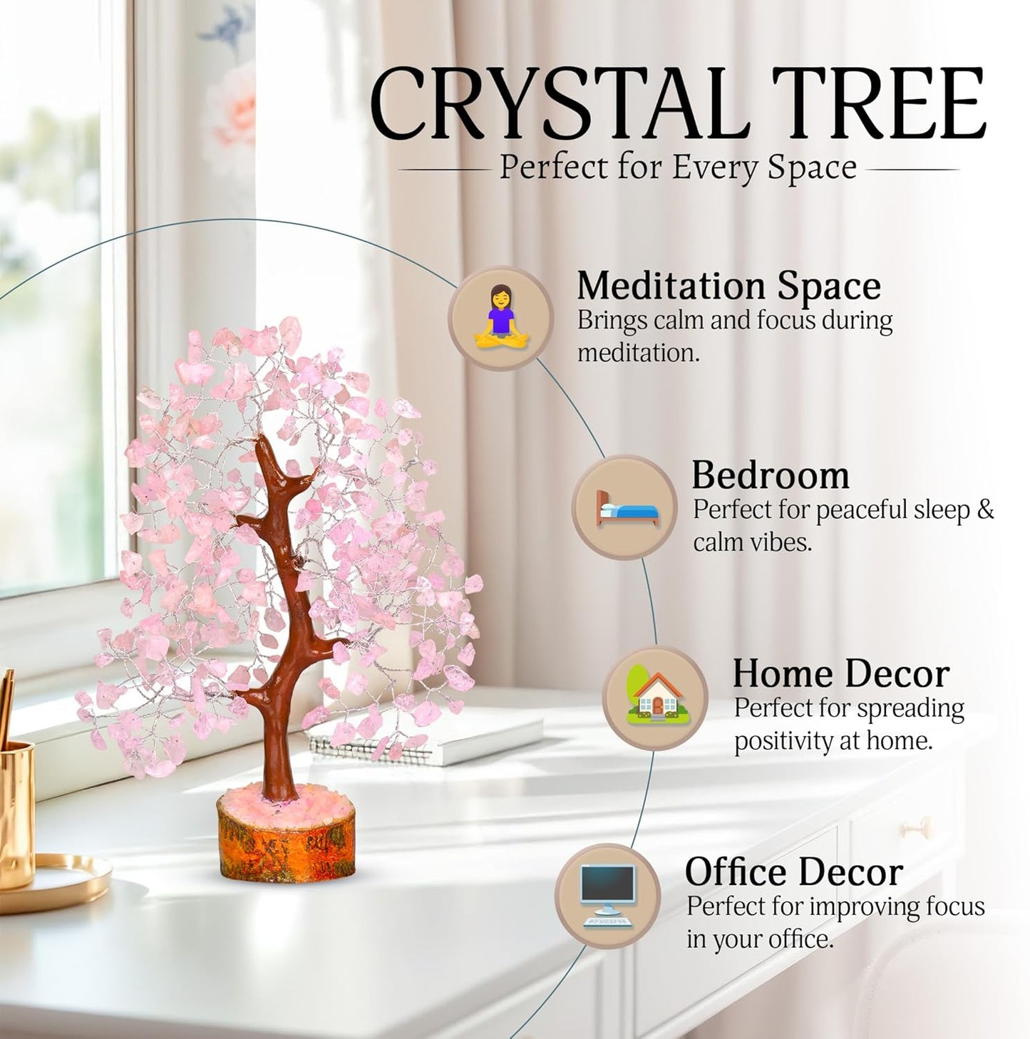 Rose Quartz Crystal Tree - Bonsai Tree of Life - Pink Room Decor - Spiritual Decor - Desk Decorations for Women Office - Gemstones and Crystals - Stones and Crystals - Money Tree - Good Luck Charms