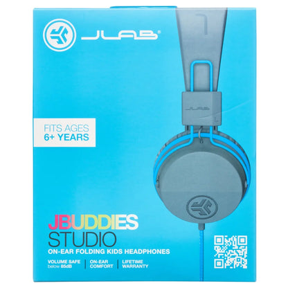 Jbuddies Studio On-Ear Kids Wired Headphones, Grey/Blue, Studio Volume Safe, Volume Limiter, Folding, Adjustable, Noise Isolation, with Mic