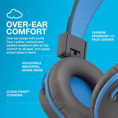 Jbuddies Studio On-Ear Kids Wired Headphones, Grey/Blue, Studio Volume Safe, Volume Limiter, Folding, Adjustable, Noise Isolation, with Mic
